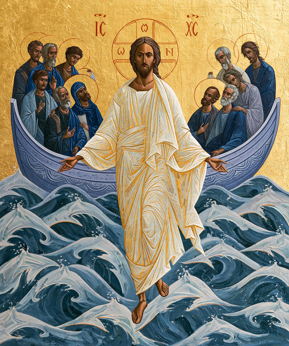 Jesus walking on water in Contemporary Byzantine style, portrait Christian artwork no. 32