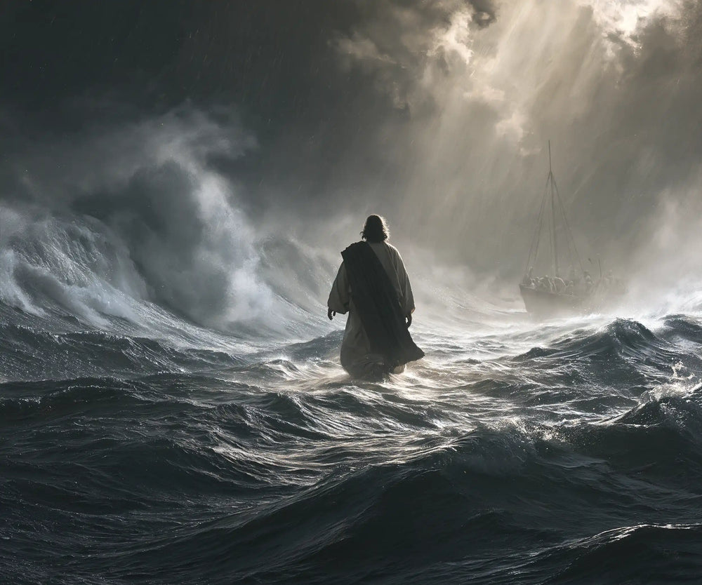 Jesus walking on water in Explosion of Movement style, landscape Christian artwork no. 1