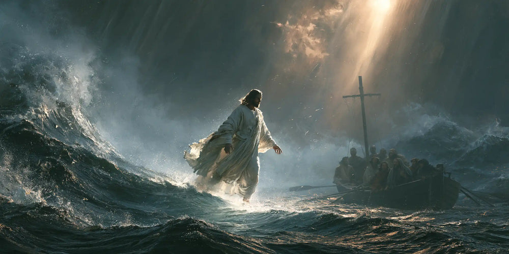 Jesus walking on water in Explosion of Movement style, landscape Christian artwork no. 17