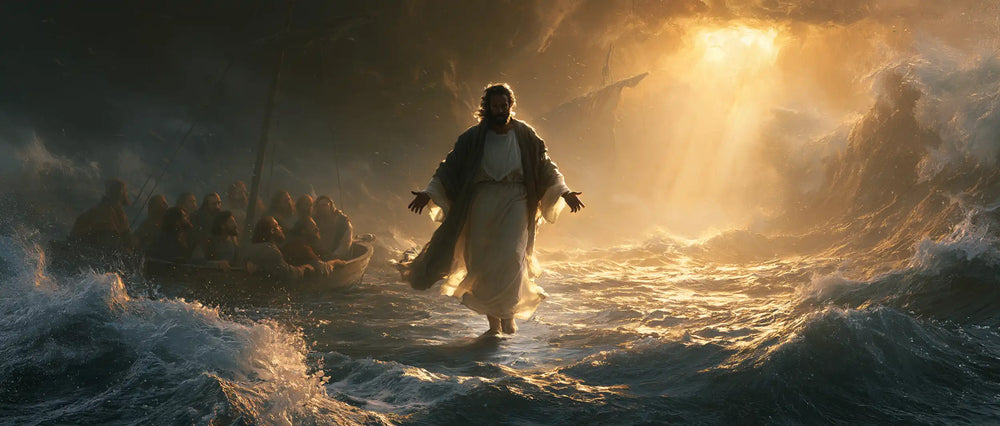 Jesus walking on water in Explosion of Movement style, landscape Christian artwork no. 20