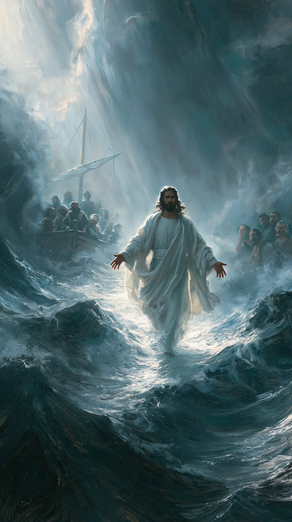 Jesus walking on water in Explosion of Movement style, portrait Christian artwork no. 14
