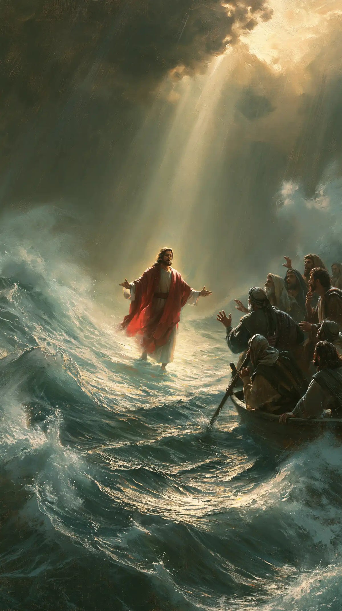 Jesus Walking on Water — The Golden Ray Reaches the Red Cloak
