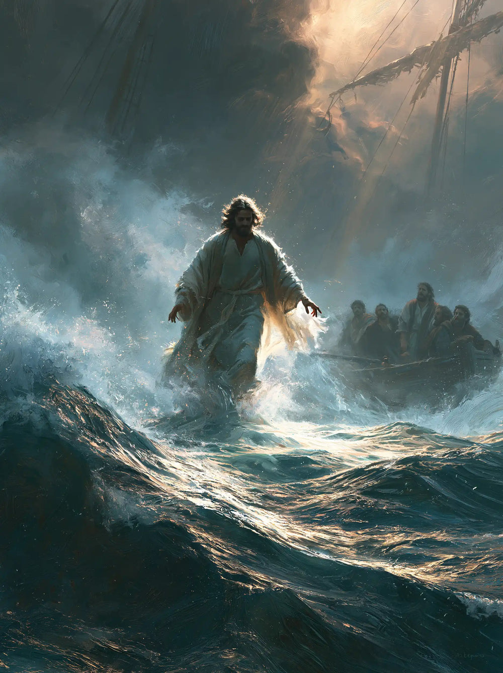 Jesus walking on water in Explosion of Movement style, portrait Christian artwork no. 36