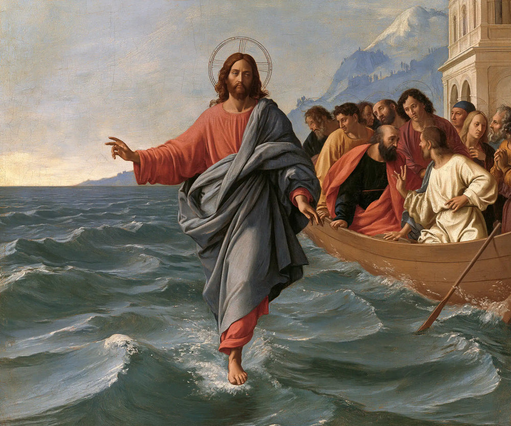 Jesus walking on water in Florentine Renaissance style, landscape Christian artwork no. 5