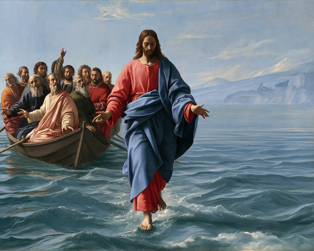 Jesus walking on water in Florentine Renaissance style, landscape Christian artwork no. 9
