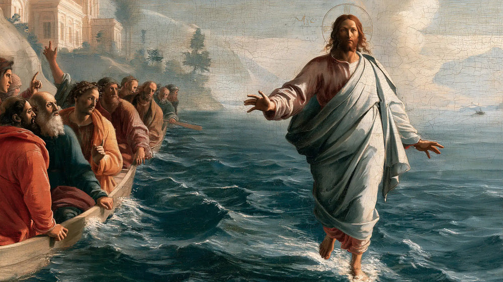 Jesus walking on water in Florentine Renaissance style, landscape Christian artwork no. 18