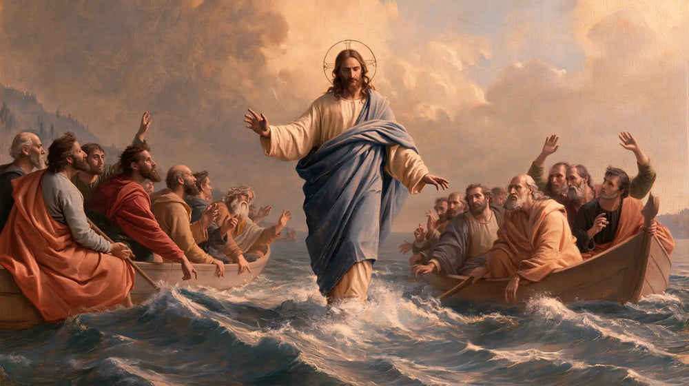 Jesus walking on water in Florentine Renaissance style, landscape Christian artwork no. 22