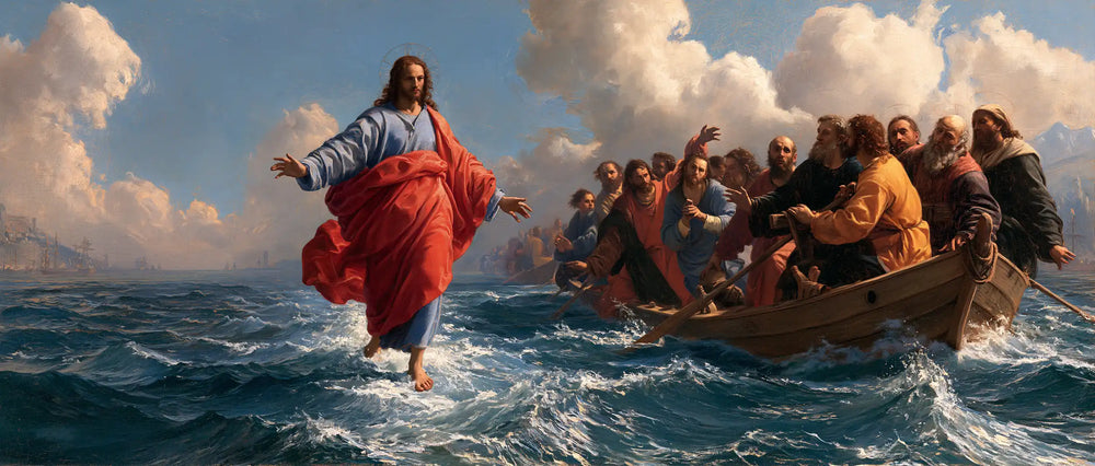 Jesus walking on water in Florentine Renaissance style, landscape Christian artwork no. 32