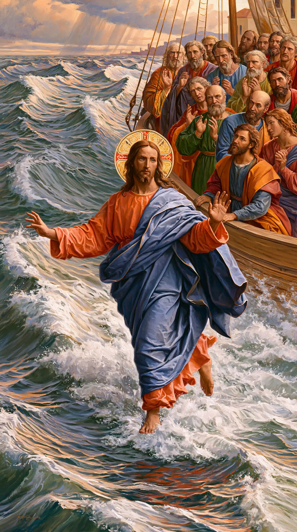 Jesus walking on water in Florentine Renaissance style, portrait Christian artwork no. 1