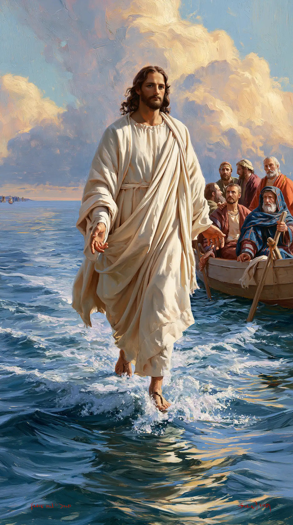 Jesus walking on water in Florentine Renaissance style, portrait Christian artwork no. 9