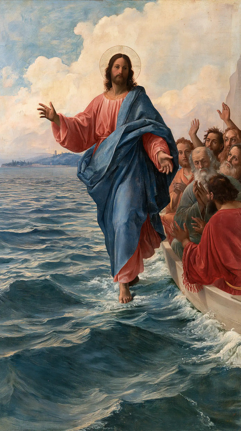 Jesus walking on water in Florentine Renaissance style, portrait Christian artwork no. 12