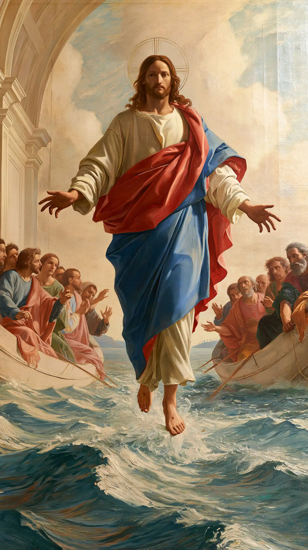 Jesus walking on water in Florentine Renaissance style, portrait Christian artwork no. 21