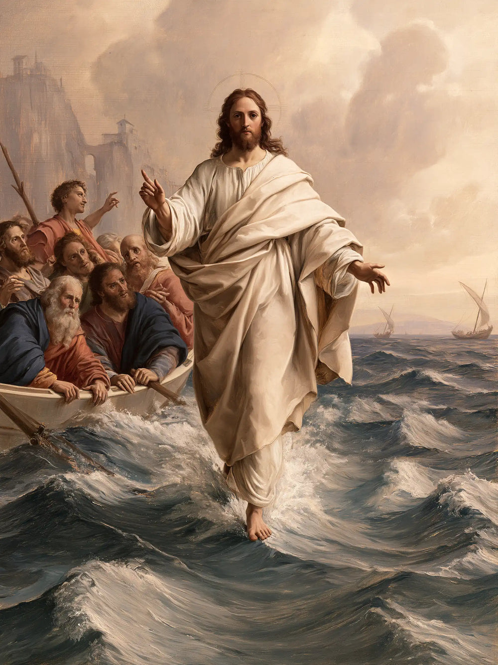 Jesus walking on water in Florentine Renaissance style, portrait Christian artwork no. 29