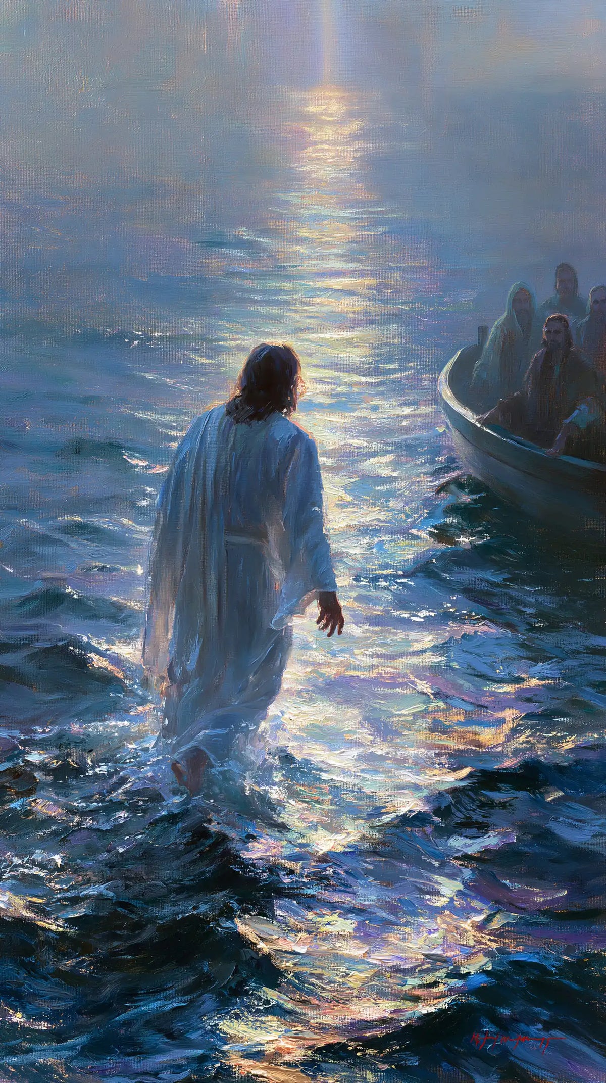 Jesus walking on water in Impressionist style, portrait Christian artwork no. 12