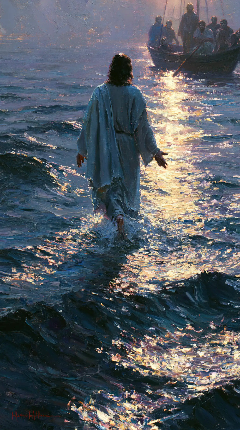 Jesus walking on water in Impressionist style, portrait Christian artwork no. 17