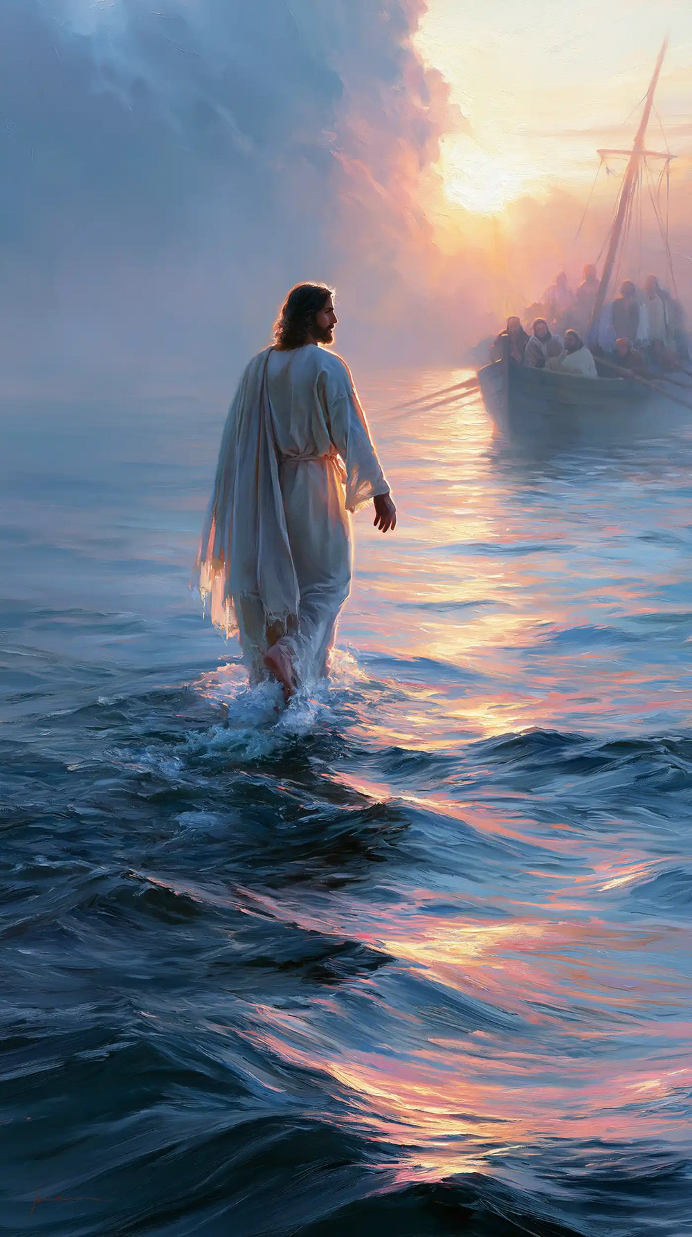 Jesus walking on water in Impressionist style, portrait Christian artwork no. 35