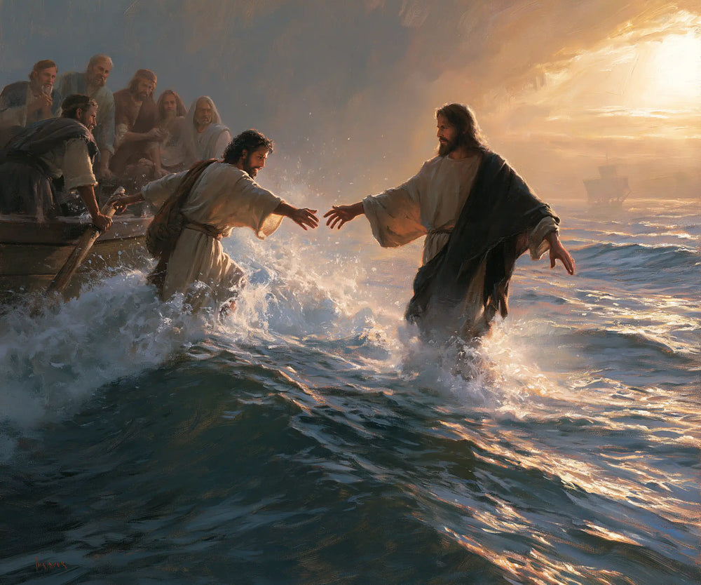 Jesus walking on water and calling Peter in Jesus Calls Peter style, landscape Christian artwork no. 1