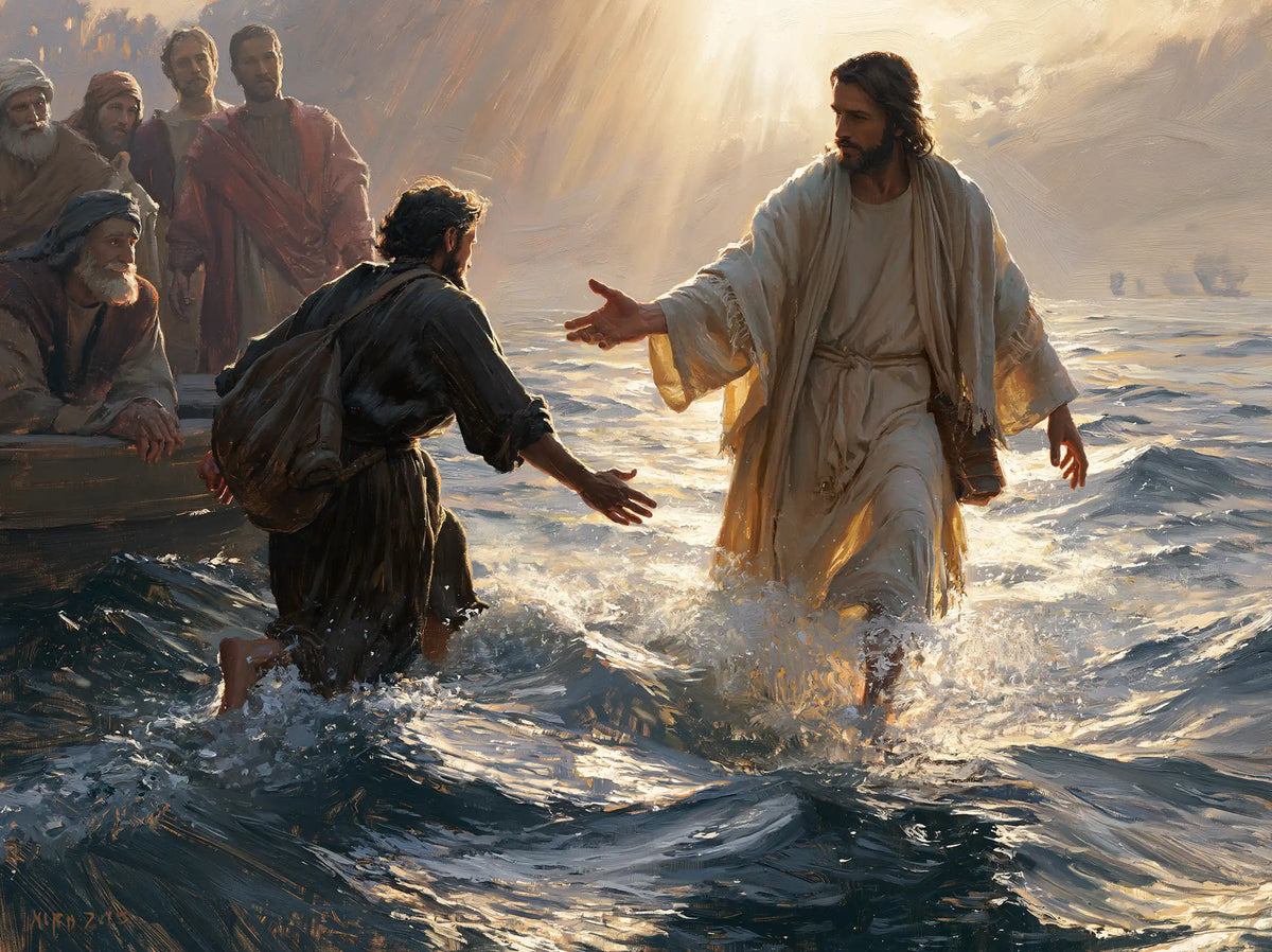 Jesus walking on water and calling Peter in Jesus Calls Peter style, landscape Christian artwork no. 3