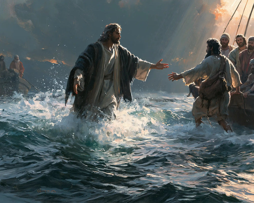 Jesus walking on water and calling Peter in Jesus Calls Peter style, landscape Christian artwork no. 12