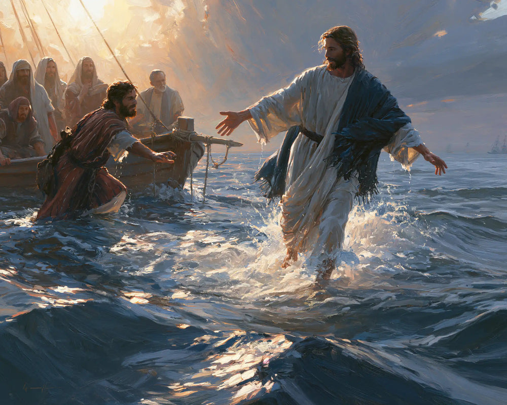 Jesus walking on water and calling Peter in Jesus Calls Peter style, landscape Christian artwork no. 14