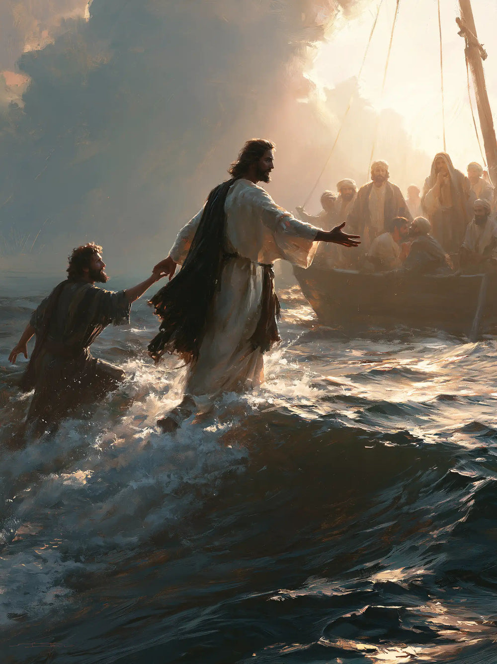 Jesus walking on water and calling Peter in Jesus Calls Peter style, portrait Christian artwork no. 12