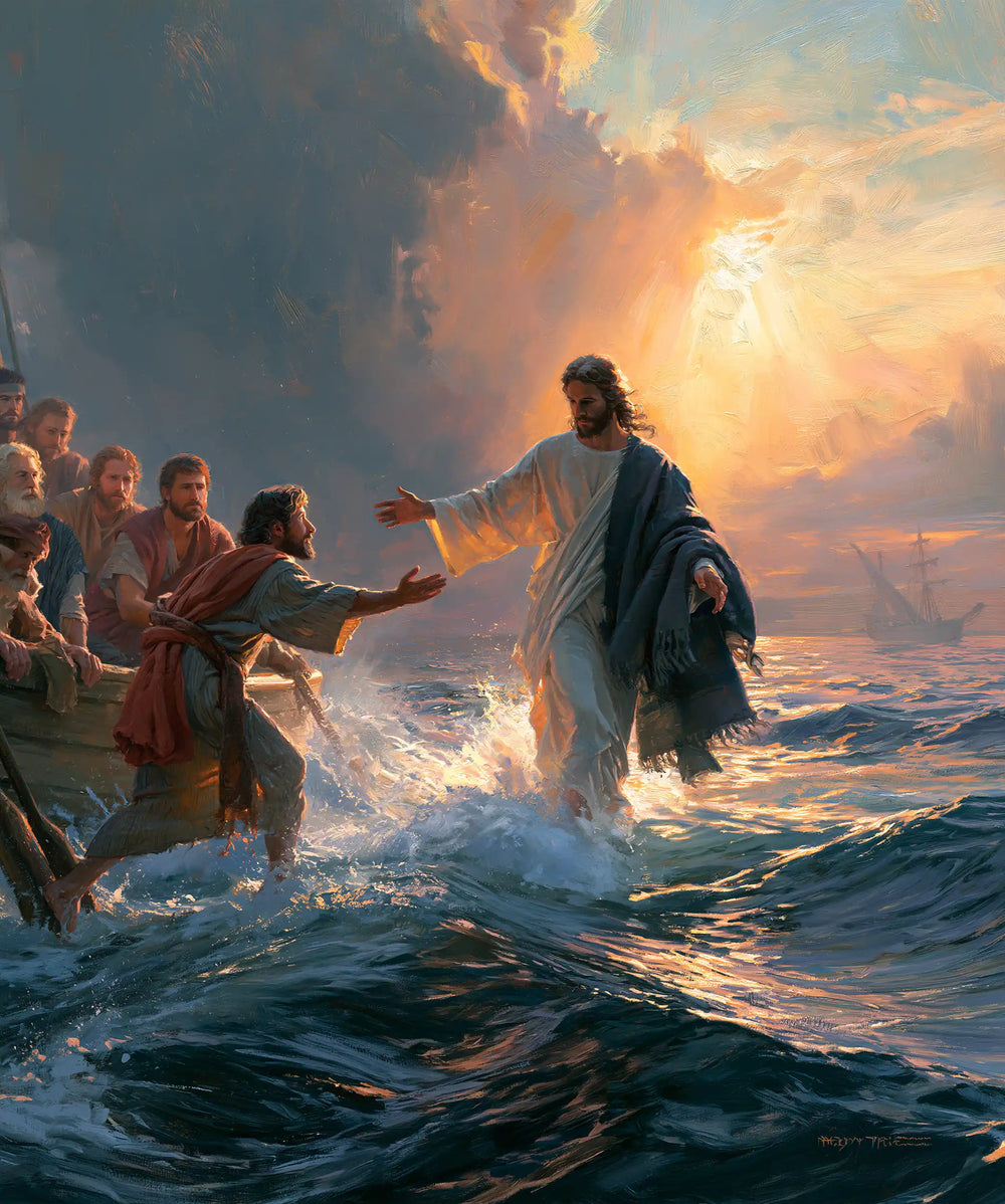 Jesus walking on water and calling Peter in Jesus Calls Peter style, portrait Christian artwork no. 17