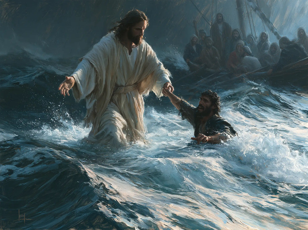 Jesus walking on water and saving Peter in Jesus Saves Peter style, landscape Christian artwork no. 6