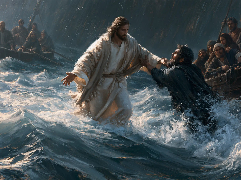 Jesus walking on water and saving Peter in Jesus Saves Peter style, landscape Christian artwork no. 9