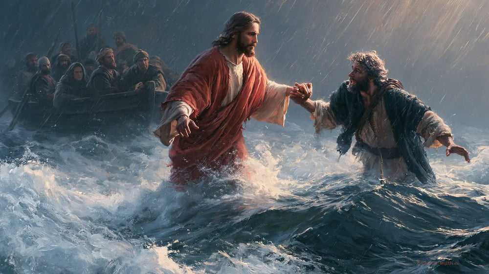 Jesus walking on water and saving Peter in Jesus Saves Peter style, landscape Christian artwork no. 12