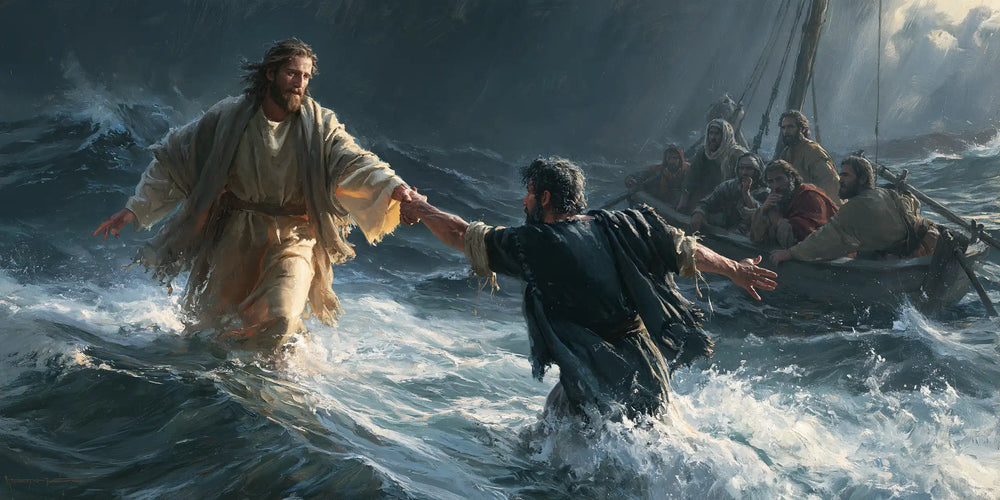 Jesus walking on water and saving Peter in Jesus Saves Peter style, landscape Christian artwork no. 20
