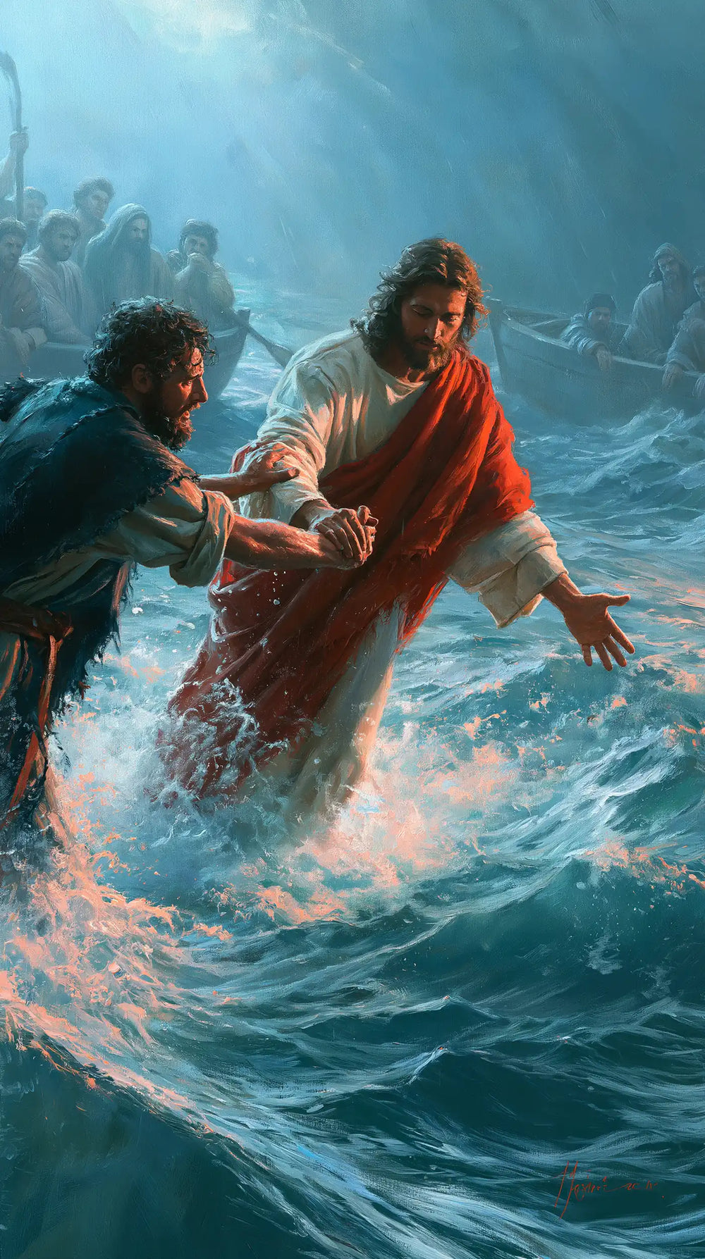 Jesus walking on water and saving Peter in Jesus Saves Peter style, portrait Christian artwork no. 1