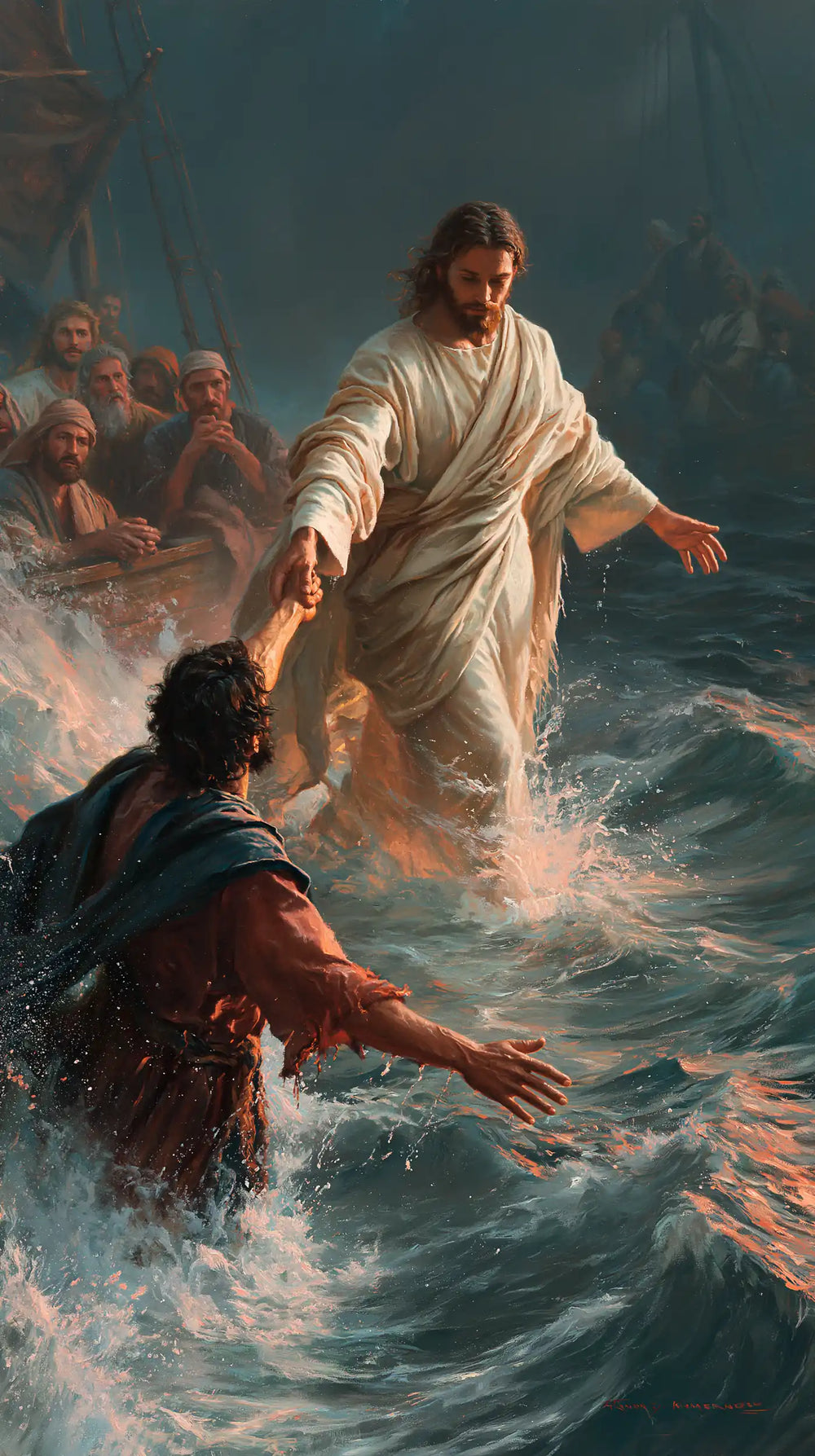Jesus walking on water and saving Peter in Jesus Saves Peter style, portrait Christian artwork no. 3