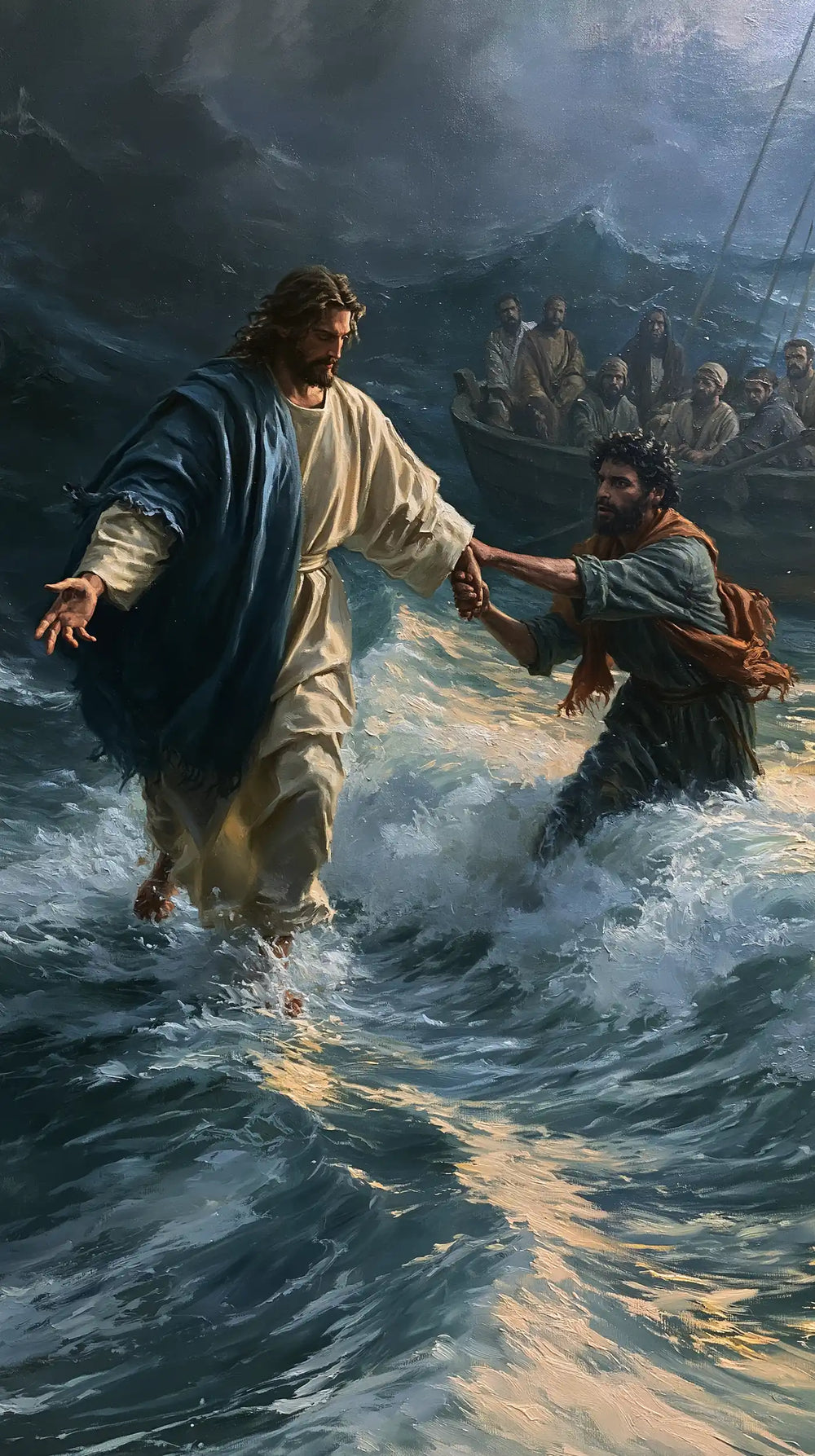 Jesus walking on water and saving Peter in Jesus Saves Peter style, portrait Christian artwork no. 11