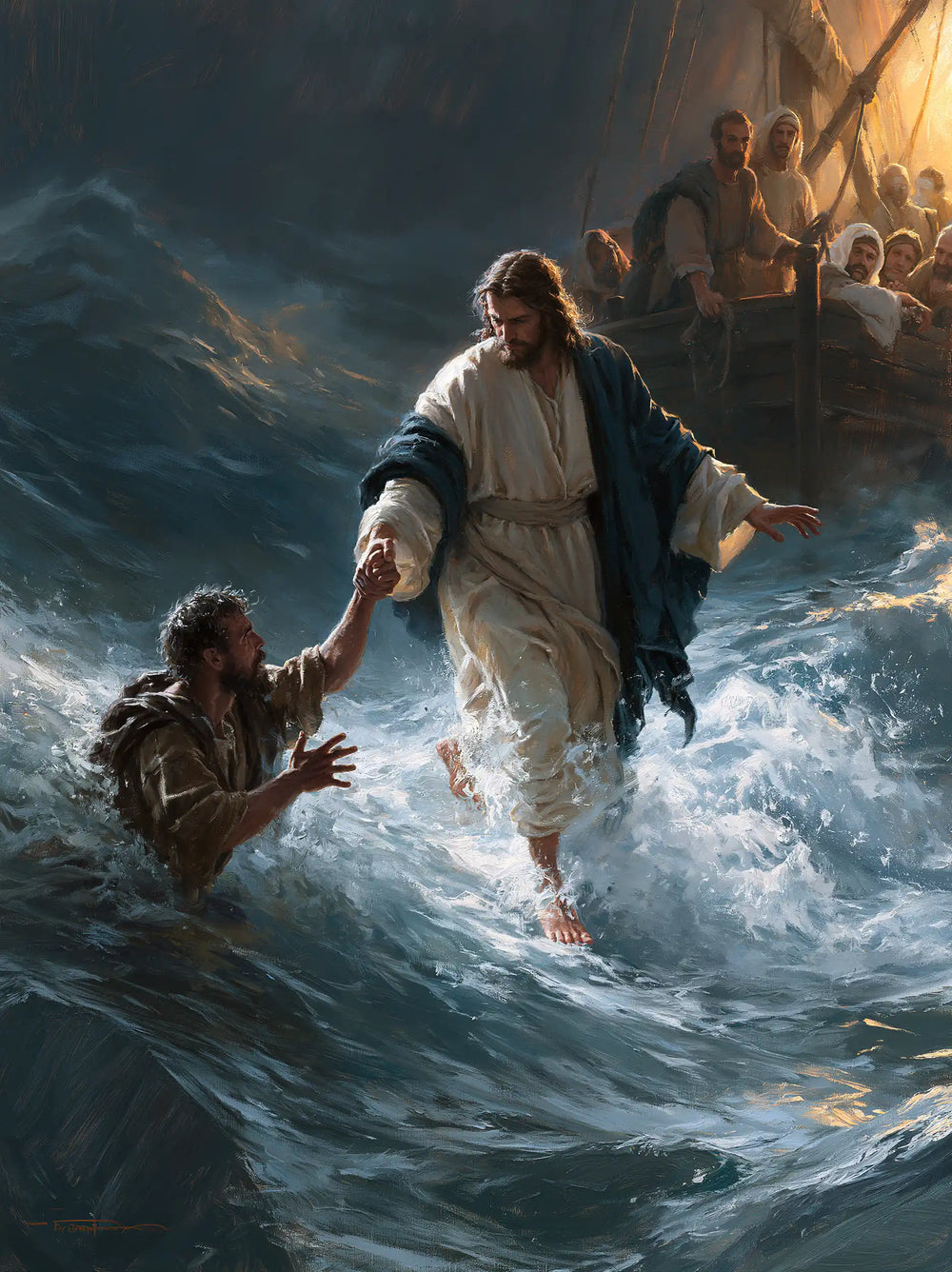 Jesus walking on water and saving Peter in Jesus Saves Peter style, portrait Christian artwork no. 17