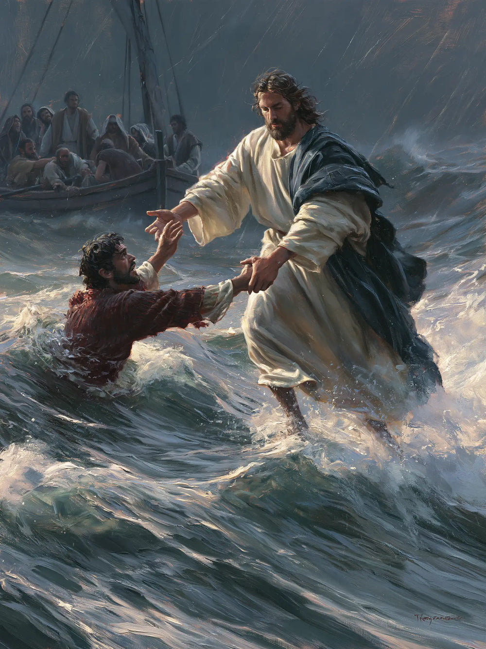 Jesus walking on water and saving Peter in Jesus Saves Peter style, portrait Christian artwork no. 18