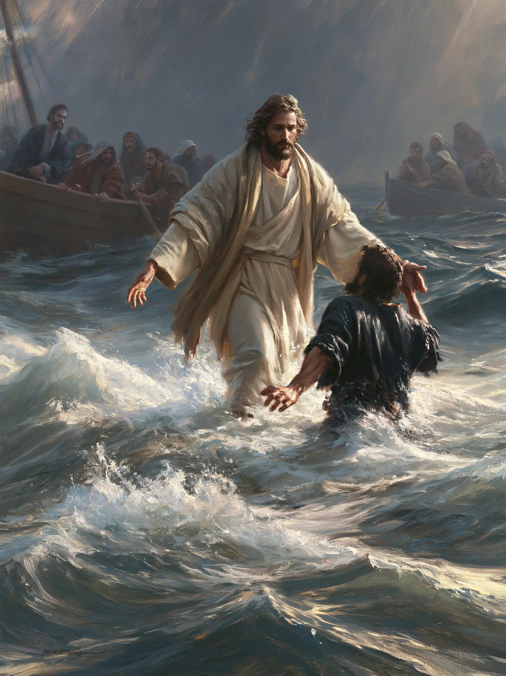 Jesus walking on water and saving Peter in Jesus Saves Peter style, portrait Christian artwork no. 19