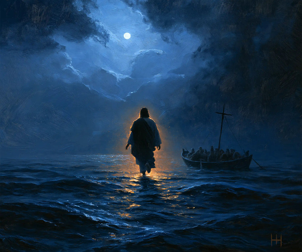 Jesus walking on water in Midnight Blue Chiaroscuro style, landscape Christian artwork no. 6