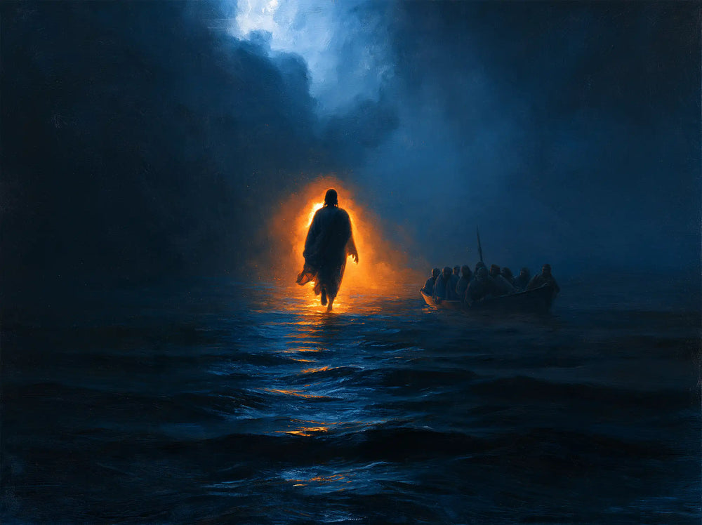 Jesus walking on water in Midnight Blue Chiaroscuro style, landscape Christian artwork no. 7