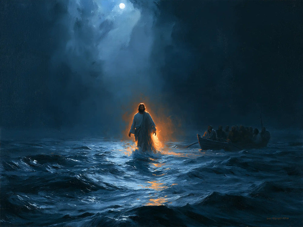 Jesus walking on water in Midnight Blue Chiaroscuro style, landscape Christian artwork no. 8