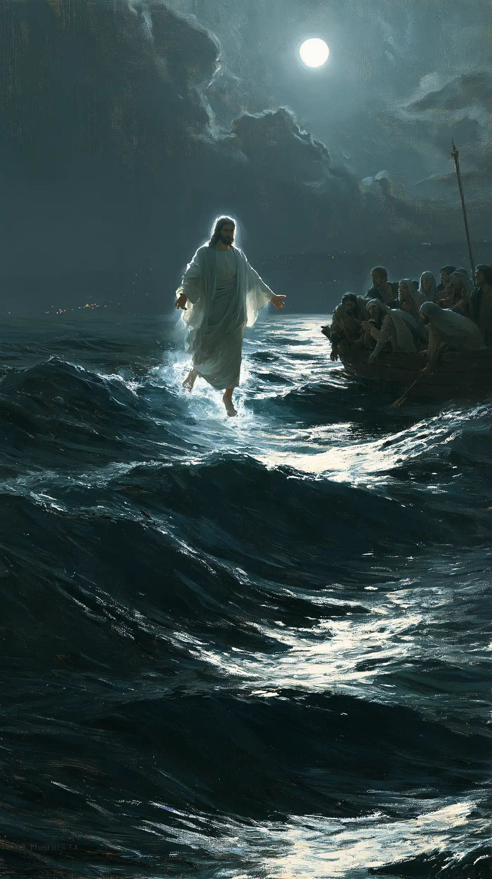 Jesus walking on water in Midnight Blue Chiaroscuro style, portrait Christian artwork no. 1