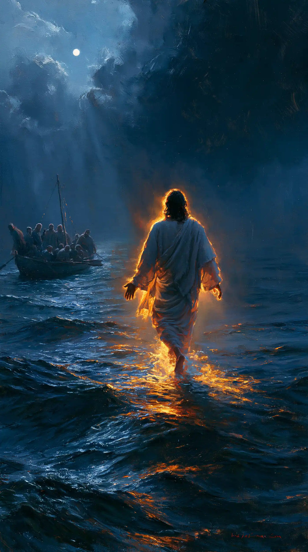 Jesus walking on water in Midnight Blue Chiaroscuro style, portrait Christian artwork no. 3