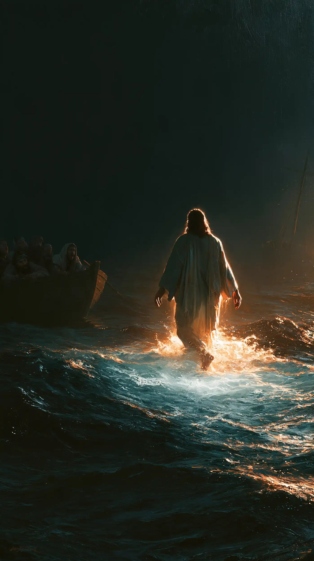 Jesus walking on water in Midnight Blue Chiaroscuro style, portrait Christian artwork no. 9
