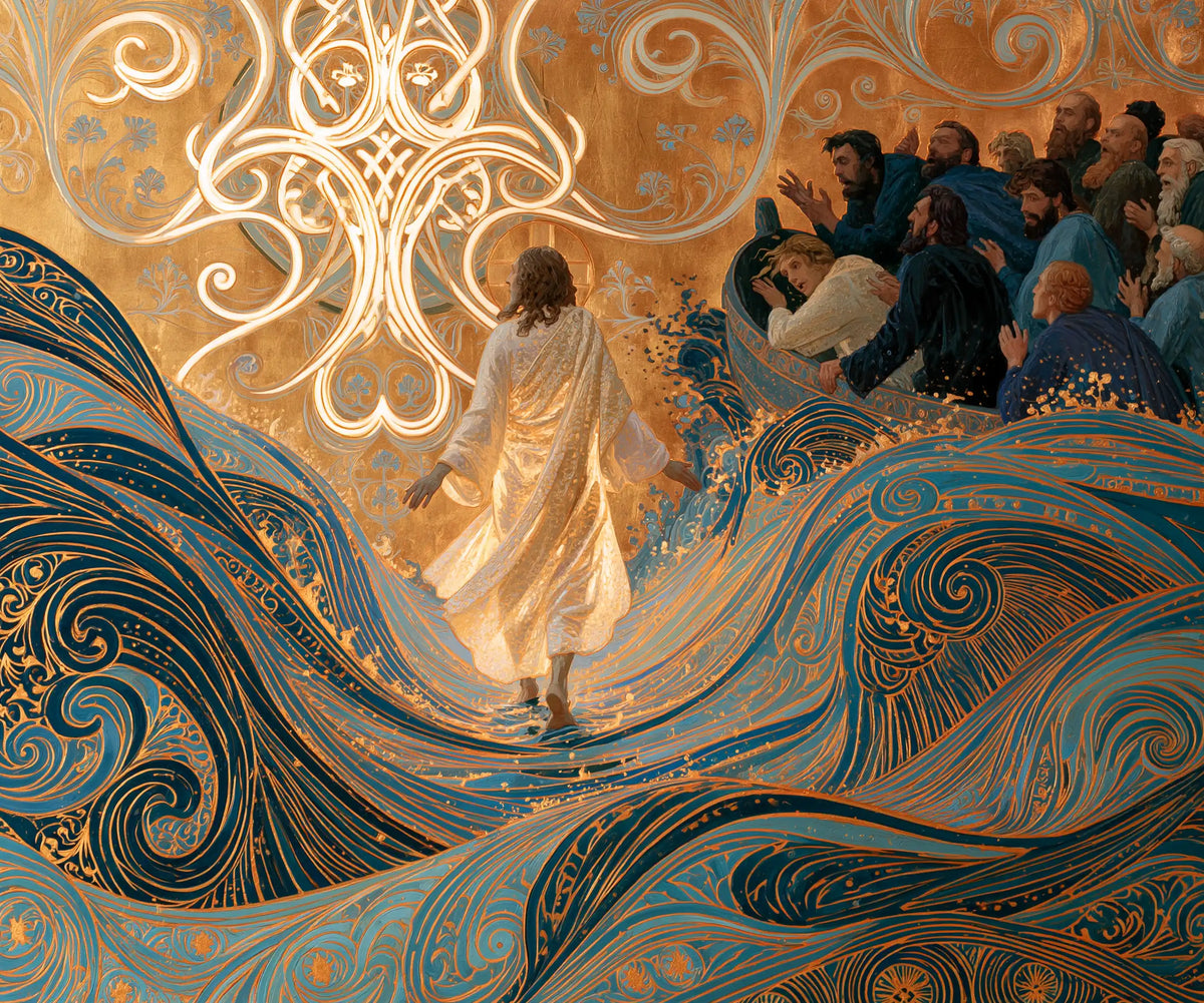 Jesus walking on water in Sacred Art Nouveau style, landscape Christian artwork no. 3