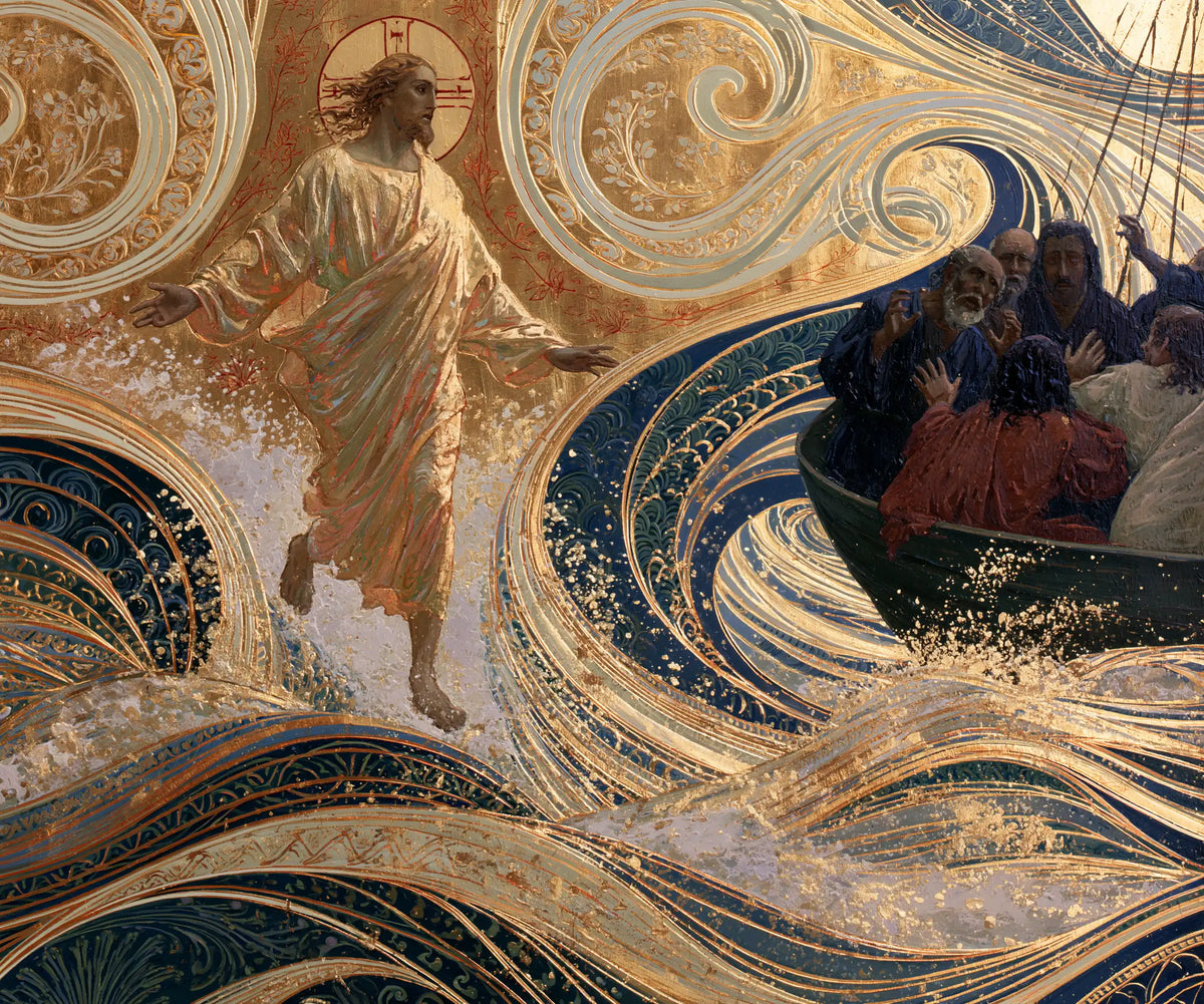 Jesus walking on water in Sacred Art Nouveau style, landscape Christian artwork no. 11