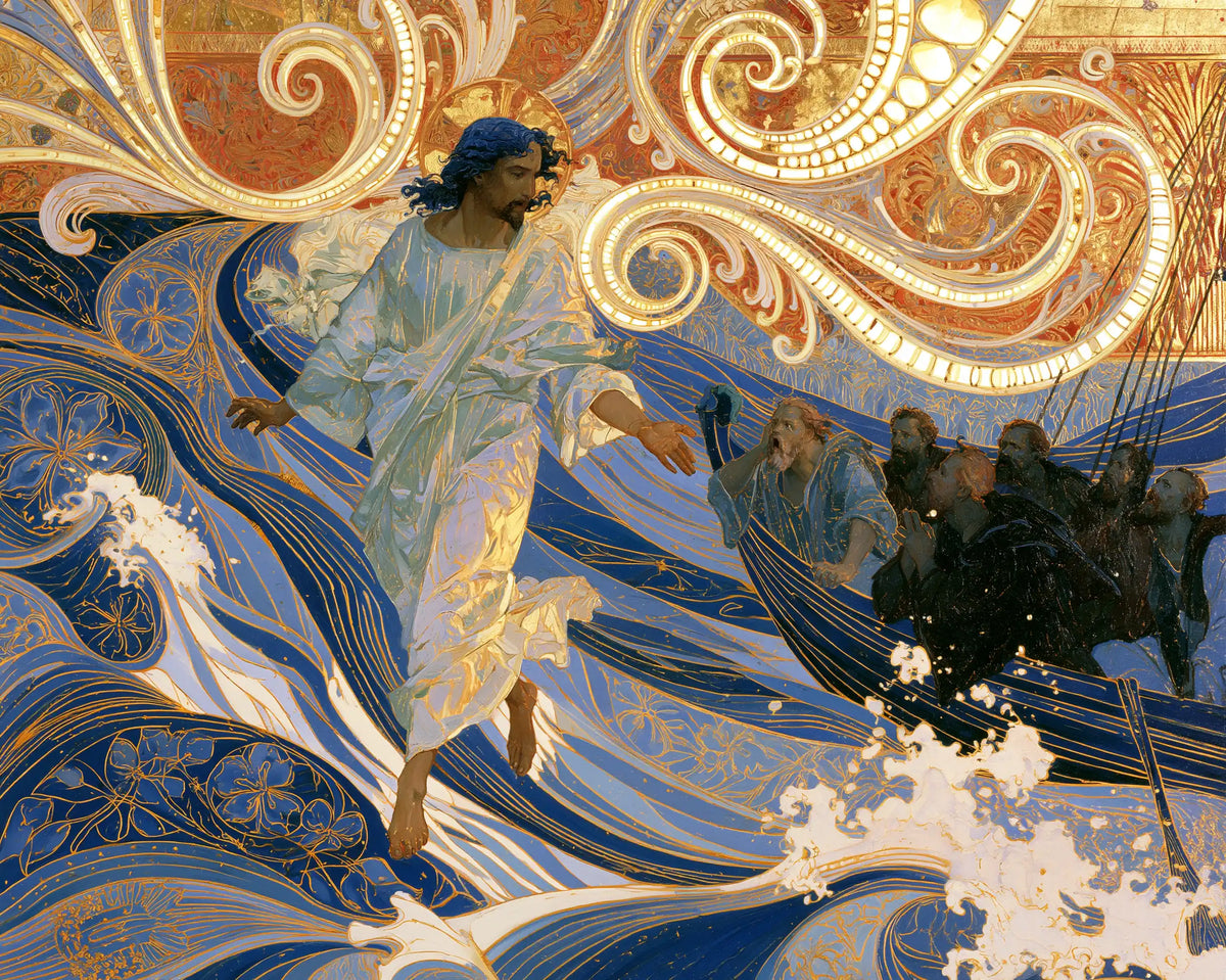 Jesus walking on water in Sacred Art Nouveau style, landscape Christian artwork no. 12
