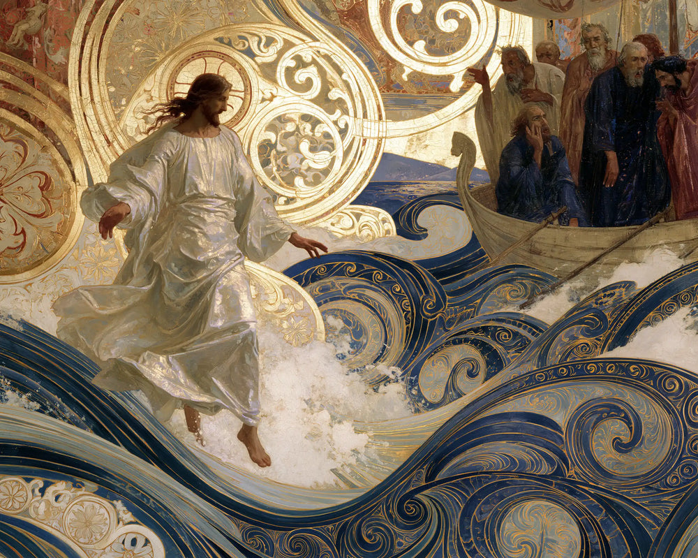 Jesus walking on water in Sacred Art Nouveau style, landscape Christian artwork no. 13