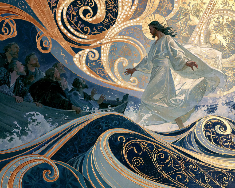 Jesus walking on water in Sacred Art Nouveau style, landscape Christian artwork no. 15