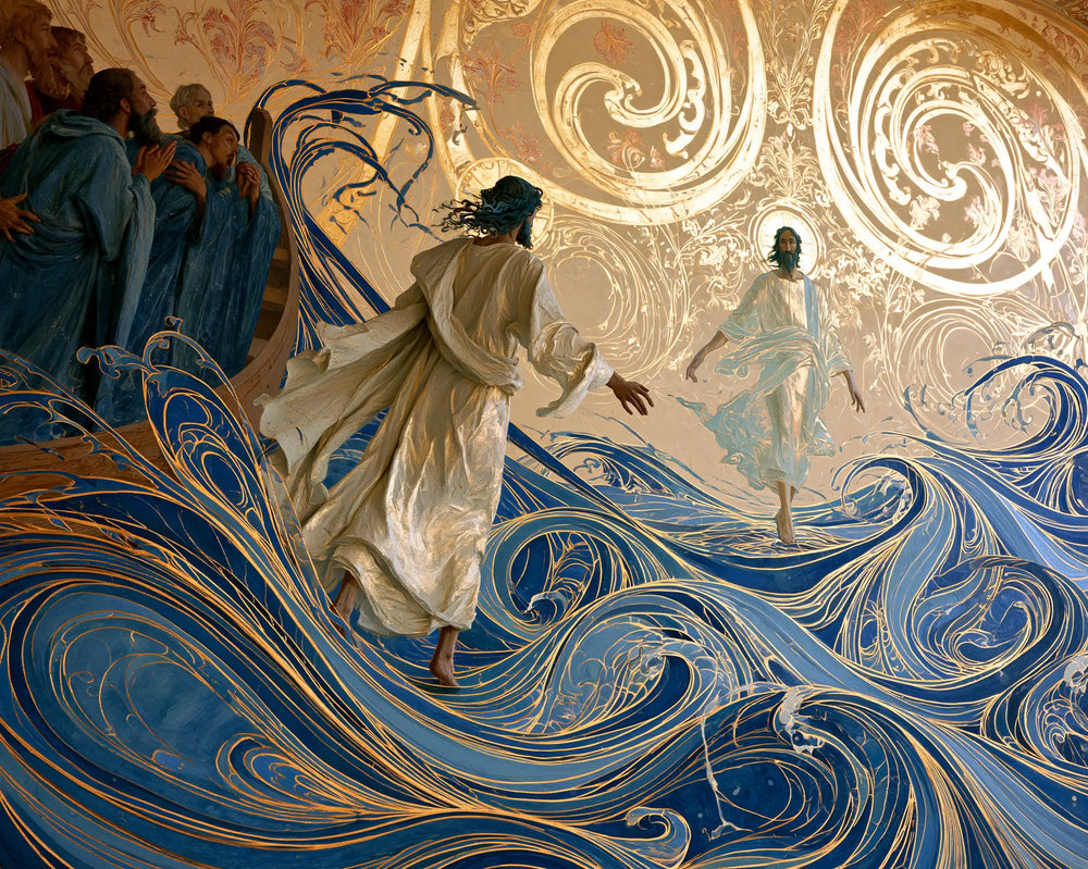 Jesus walking on water in Sacred Art Nouveau style, landscape Christian artwork no. 17