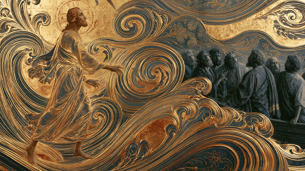 Jesus walking on water in Sacred Art Nouveau style, landscape Christian artwork no. 24