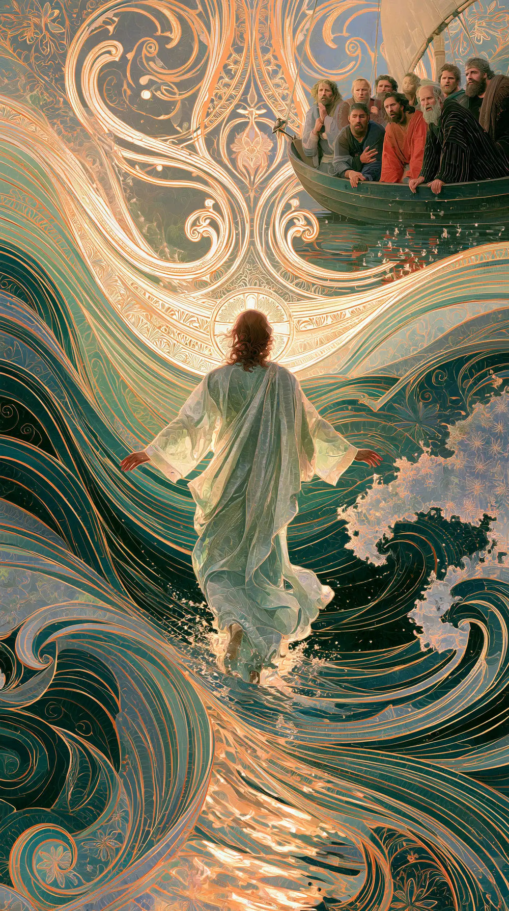 Jesus walking on water in Sacred Art Nouveau style, portrait Christian artwork no. 8